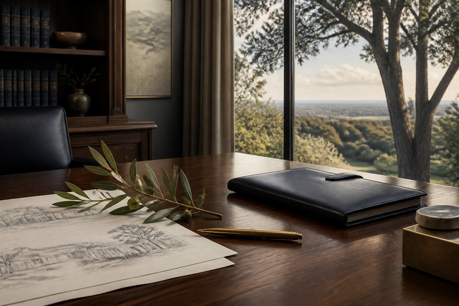 A walnut desk with a leather portfolio, olive branch and architectural papers