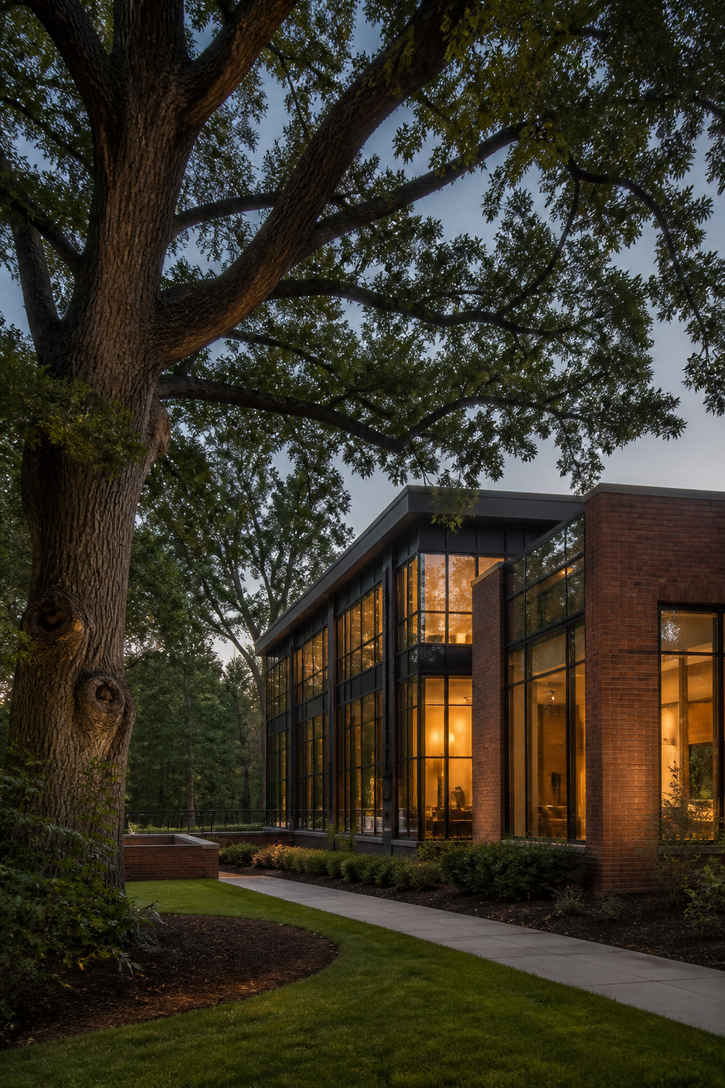A modern building beside mature trees at dusk
