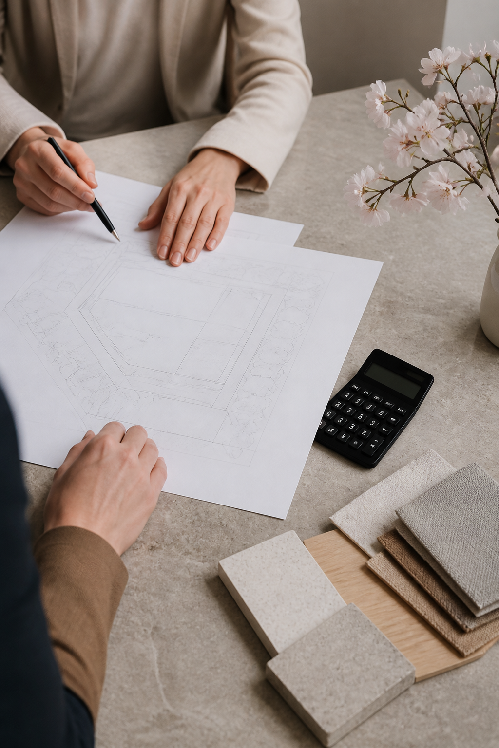 Hands reviewing blank plans and material samples on a stone table